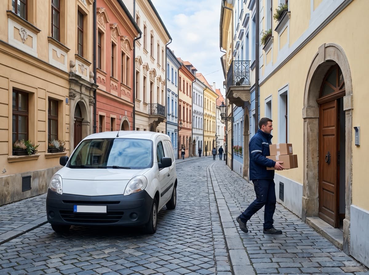 Kuriér nesie balíky od dodávky v historickej uličke