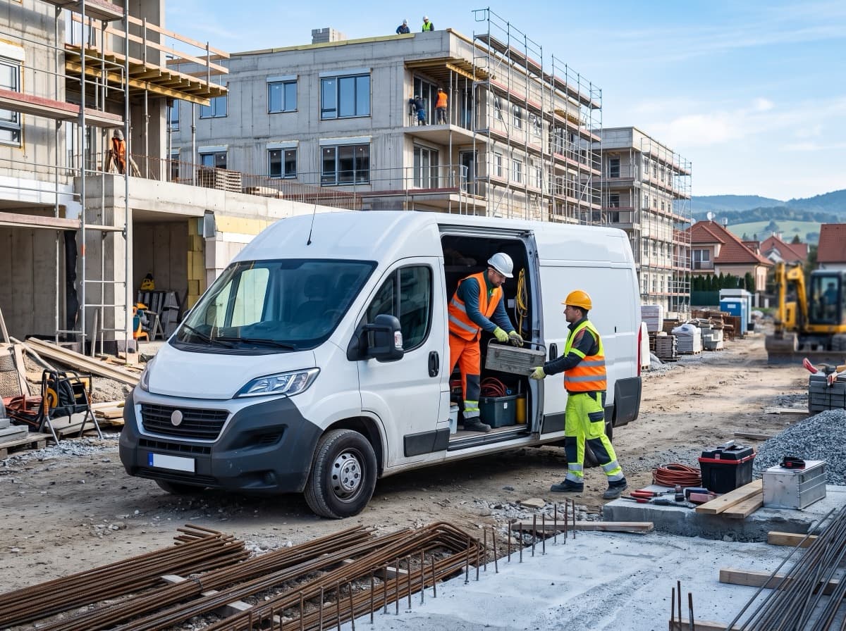 Robotníci vykladajú náradie z dodávky na stavbe